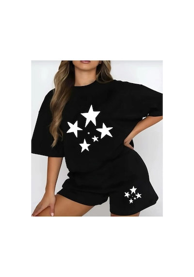 Startmore Kadın Siyah 'göğüs Yıldız Baskılı''oversize Şort- T-shirt Takım Strup0000000000050