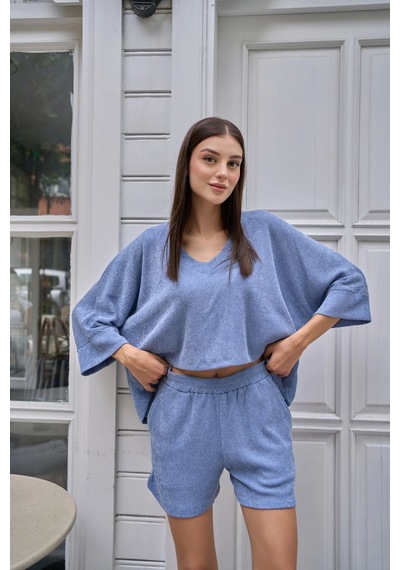 Reglan Kol Bol Kesim Bluz Mavi