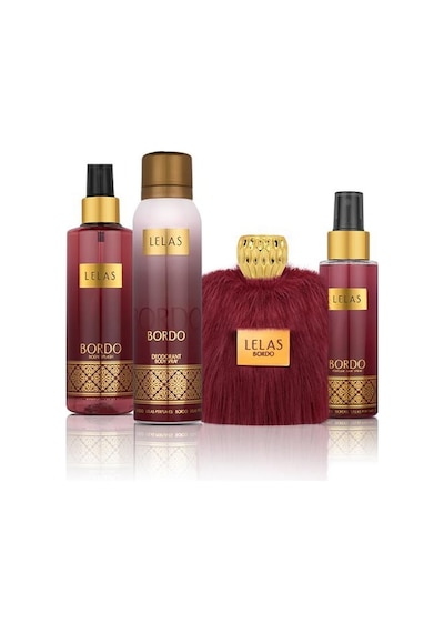 Lelas 1582 Bordo Kadın Erkek Siyah Kutulu Hediyelik Set Parfüm + Deodorant + Vücut Spreyi + Saç Spreyi