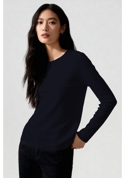 Lacivert O Yaka Standart Fit Uzun Kollu Basic Kadın T-shirt - 97312 Lacivert