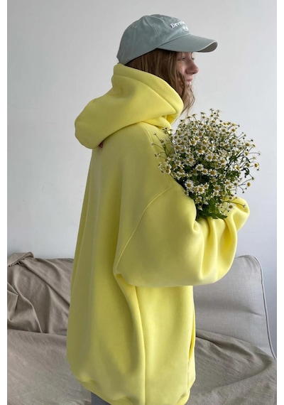 Madmext Sarı Kapüşonlu Şardonlu Oversize Sweatshirt Mg1566 Sarı