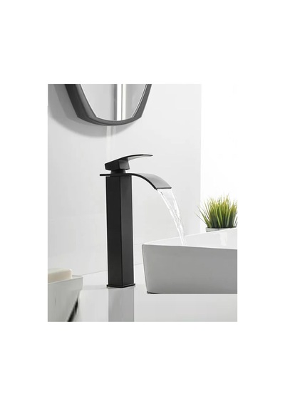 Rena Design Siyah Çanak Lavabo Bataryası Oval Çıkış Havza Model Uzun/yüksek Lavabo Musluğu Çift Girişli