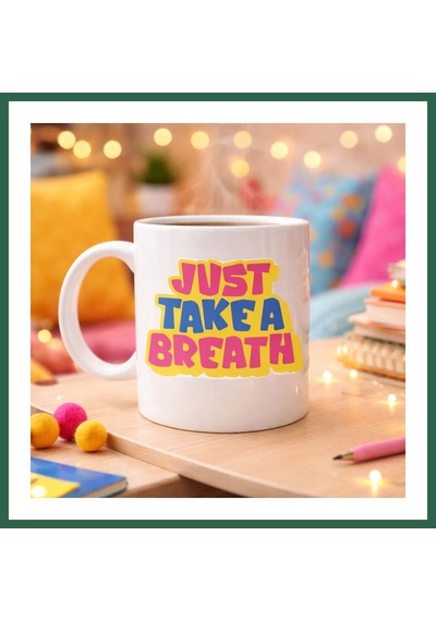 Bezos Just Take A Breath Yazılı Porselen Kupa Model 140 Motivasyon & Sakinleştirici Tasarım Renkli Modern Kahve Kupası Hediye Seçeneği Bzs01 Çok Renkli