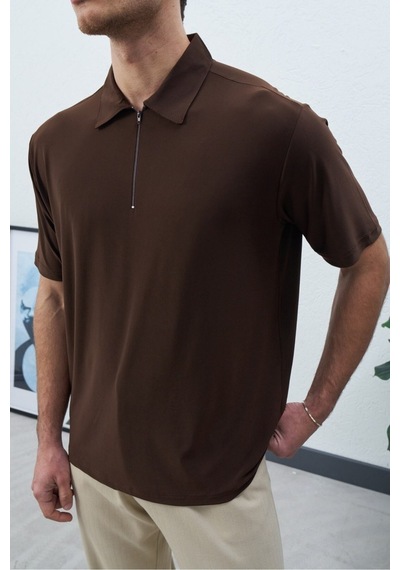 Baselco Polo Yakalı Fermuarlı Fresh Vizkon T-shirt - Tiril Tiril Esnek Kahverengi