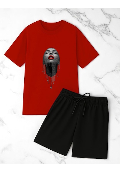 Uyguntarz Unisex Pırlantalı Kadın Portresi Tasarım Basklı Tshirt Şort Takımı Kırmızı