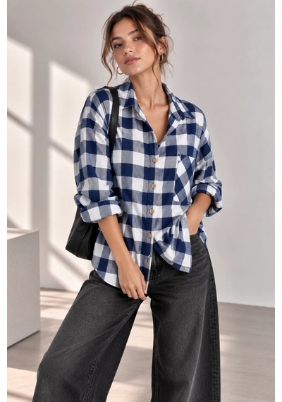 Bb Butik Basic Kadın Ekose Gömlek Oversize Oduncu Gömlek Uzun Kollu Cepli Günlük Tr0935 Lacivert