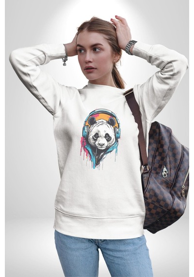 Kulaklık Ayı Panda Unisex Beyaz Baskılı Sweatshirt Beyaz