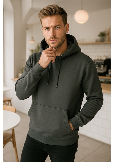 Rich Erkek Füme Pamuklu Cep Detaylı Kapüşonlu Sweatshirt Füme