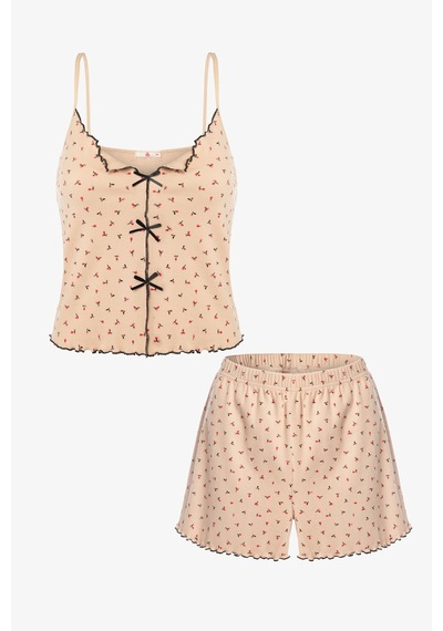 Kadın İnce Askılı Fiyonklu Pamuklu Şortlu Pijama Takımı Kk30228 Krem