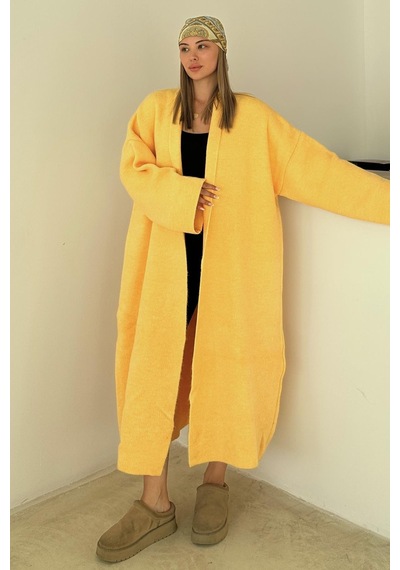 Olcay Oversize Kalın Triko Uzun Hırka Sarı 8274