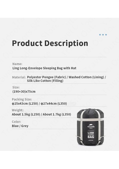 Naturehike L350 Zarf Tarzı Kapüşonlu Uyku Tulumu -15°C