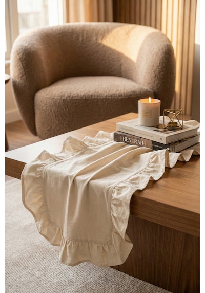 Ham Naturel Fırfırlı Keten Runner - 40x110 Cm Beyaz