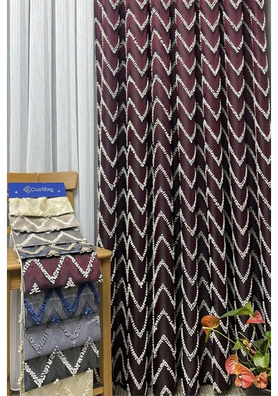 Cortibo Verona Desenli Fon Perde Bordo - Pilesiz, 100 X 250 Çok Renkli