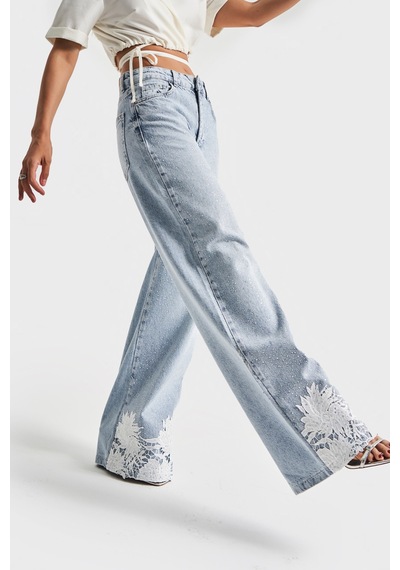 it's basic Kadın Snow Kot Rengi 4s5-3 Parlak Taşlı Dantelli Orta Bel %100 Koton Tasarım Denim Jean Kot Mavi
