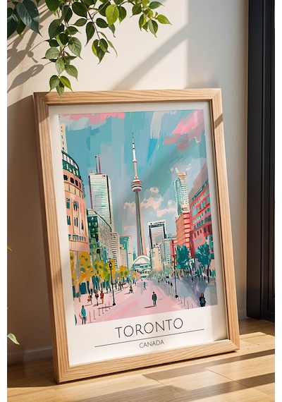 Toronto Kanada Temalı Çerçeveli Tablo Travel Serisi Modern İllüstrasyon Şehir Duvar Dekoru Kayın