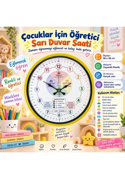 Almira Duvar Saati Çocuklar İçin Öğretici Sarı 36 X 36 Cm Duvar Saati
