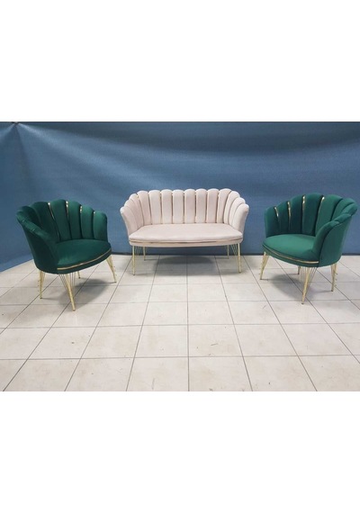 Garden House Papatya Krem Yeşil Babe Face Kumaş Gold Metal Ayaklı Çay Seti Koltuk Takımı Berjer