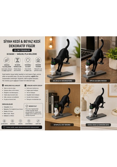 Siyah Kedi & Beyaz Kedi Dekoratif Figür 25 Cm 3d Baskı Modern Ev Dekoru Çok Renkli