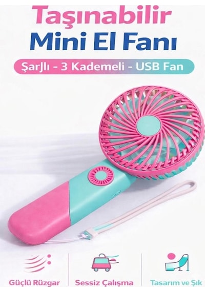 Taşınabilir Mini El Fanı Şarjlı 3 Kademeli Usb Fan Sessiz Güçlü Rüzgar Vantilatör