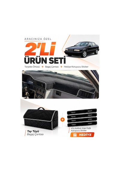 Volvo 850 1991-1997 Uyumlu Torpido Örtüsü + Tay Tüyü Bagaj Çantası + Sticker Seti - Siyah Gri
