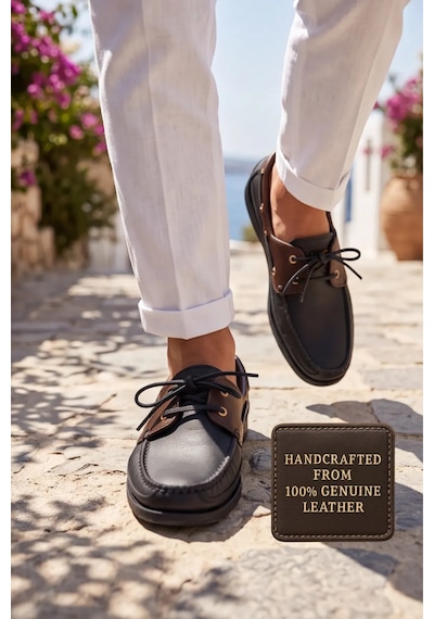 Blue Boy Marina Siyah Kahve Hakiki Deri Lüks Erkek Tekne Ayakkabısı, Makosen, Loafer Ve Casual... Siyah - Kahverengi