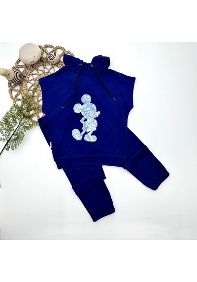 Pekminibebe 3-4-5 Yaş Kapşonlu Payetli Mickey Desenli Kısa Kol 2li Kız Erkek Çocuk Takımı Lacivert