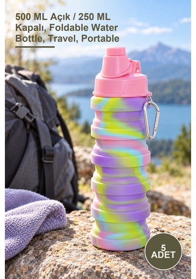5 Adet Katlanabilir Portatif Silikon Su Şişesi 500 Ml Açık / 250 Ml Kapalı, Foldable Water Bottle, Travel, Portable