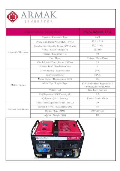 Armak PGA-16500 TEA 16.5 KVA Benzinli Trifaze Portatif Jeneratör