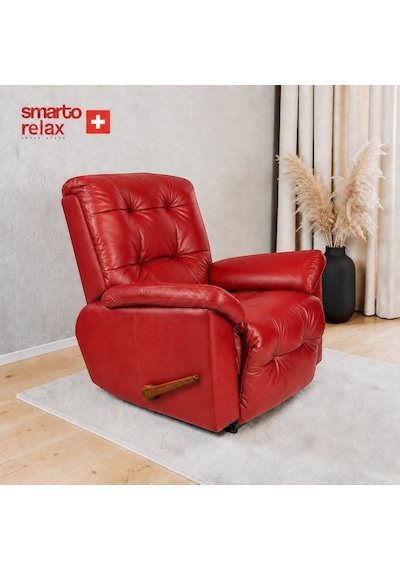 Smarto Relax Vıp Manuel Tv Koltuğu Gerçek Italyan Deri, Ceviz Ahşap Sırt Detaylı Baba Koltuğu Kırmızı