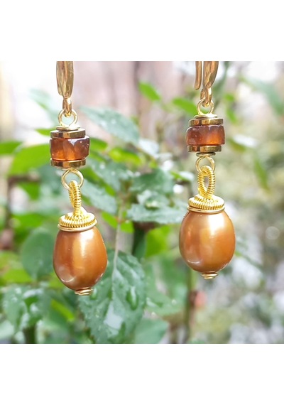 2629 Doğal İnci Hossanite Garnet Hematit El Yapımı Küpe Açık Gold