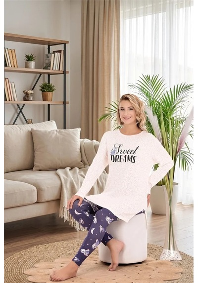 Go İthalat Kadın Şık Tasarım Ay Yıldız Desenli Yumuşak Dokulu Viskon Kumaş Sweet Dreams Yazılı 2'li Pijama Takımı BEYAZ