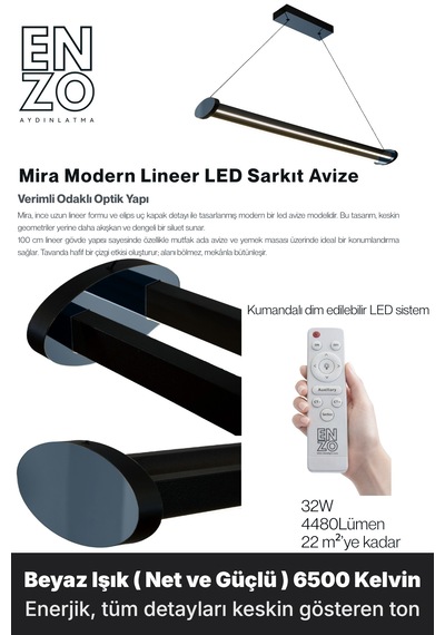 Mira Füme Lineer Led Sarkıt Avize Kumandalı Dim Edilebilir Aşağı Işık Beyaz Işık