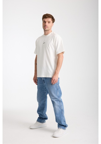 Erkek Milano Nakış Yazılı Oversize Bisiklet Yaka T-shirt Beyaz
