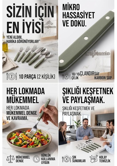 Kore Stili Retro 18/10 Paslanmaz Çelik 10 Parça Çatal Kaşık Bıçak Seti, Yeşil Karbon Saf Saplı 2 Kişilik Yemek Diğer
