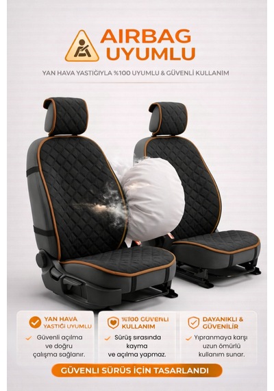 Oto Koltuk Kılıfı Tay Tüyü 2'li Ön Minder Terletmez Kaymaz Airbag Uyumlu - Siyah Taba