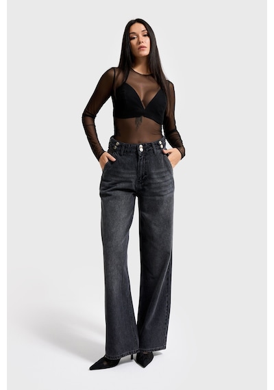 Itsbasic Kadın Füme Renk 2w5-1 Wide Leg Fit Bol Kesim %100 Koton Kemer Detaylı Denim Jean