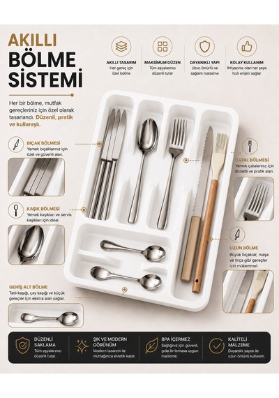 Sas Haus 6 Bölmeli Çekmece İçi Kaşıklık, Plastik Çatal Bıçak Organizeri, Mutfak Düzenleyici Beyaz S-11003