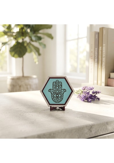 Estetik Hamsa Motifli Masaüstü Aksesuarı, Yaşam Alanlarınızda Huzurlu Bir Hava Oluşturan Modern Bir Dekor Ürünü 10x10 Cm, Turkuaz