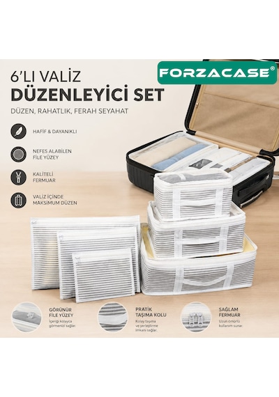 Forzacase 6 Lı Beyaz Çizgili Valiz Düzenleyici Bavul Içi Organizer Set, Seyahat Hurcu - Fc816