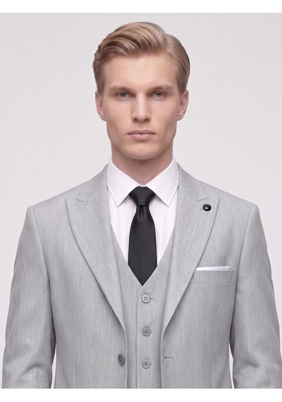 Tk6896 Erkek 3 Parça Slim Fit Çift Yırtmaçlı Takım Elbise Yelekli Şık Klasik Takım 6 Drop Açık Gri