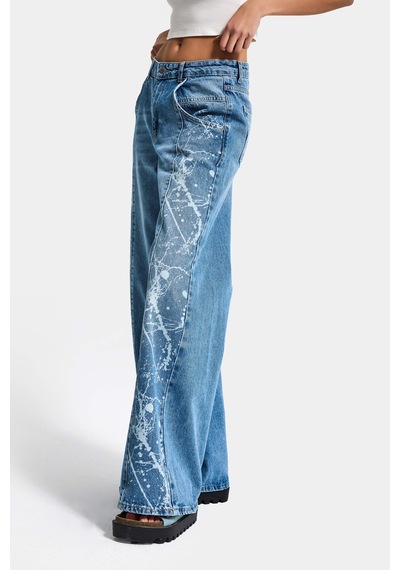 Itsbasic Kadın Mavi 2s6-24 Wide Leg Fit Bol Kesim %100 Koton Özel Tasarım Denim Jean
