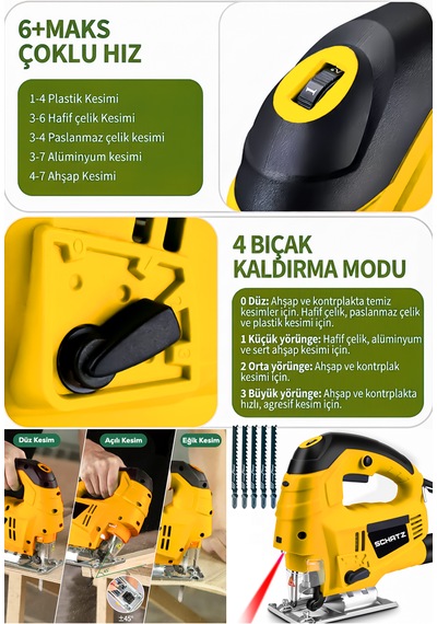 Schatz 800 W Lazerli Devir Ayarlı Dekupaj Testere Makinesi Sarı + 5 Adet Testere Ucu