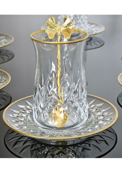 Atabey Home Collection 18 Parça Odin Çay Seti Kelebek Çay Kaşikli Cam Tabakli Gold Detayli Çok Renkli