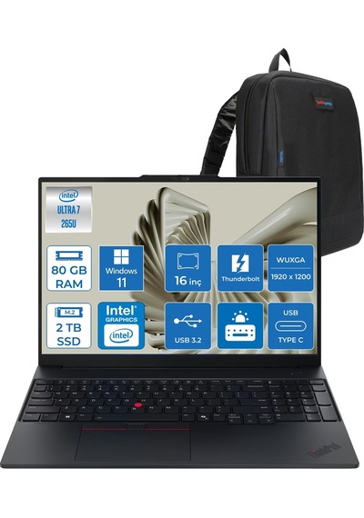 Lenovo ThinkPad E16 Gen 3 21SR0076TXH34 Ultra 7 265U 80 GB 2 TB SSD 16" W11H Dizüstü Bilgisayar + Zetta Çanta