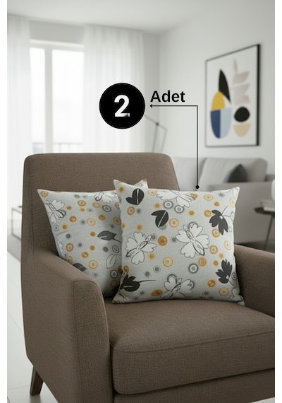 Chevron Bohem Dekoratif Punch Yastık Kırlent Kılıfı 2 Adet 45x45 Modern Çiçek Gri 45 x 45