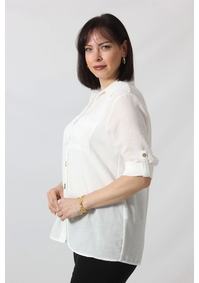 Moda Berray Bb-077 Beyaz Pamuk Keten Kolu Apoletli İki Cepli Kadın Büyük Beden Gömlek Beyaz