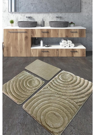 Wave Taş Üçlü Set Banyo Halısı Kahverengi