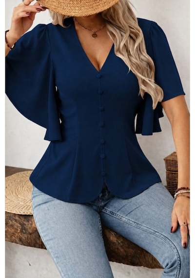 Butik İstanbul Kadın Kısa Kollu Önden Düğmeli Ithal Krep Bluz Mavi