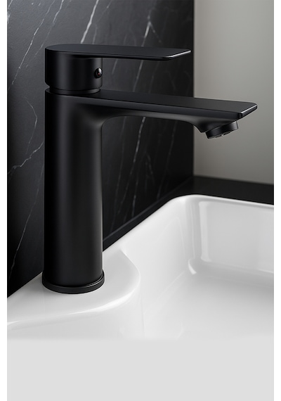 Lüks Siyah Sabit Aç Kapa Kısa Lavabo Bataryası Su Tasarruflu, Dayanıklı, Modern Tasarım Mat Siyah