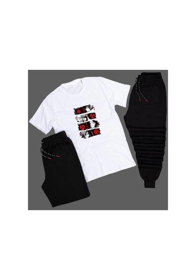 Anime Sharingan Baskılı Unisex Yazlık Şort - Normal Kalıp Tişört - Eşofman Altı Komb Beyaz